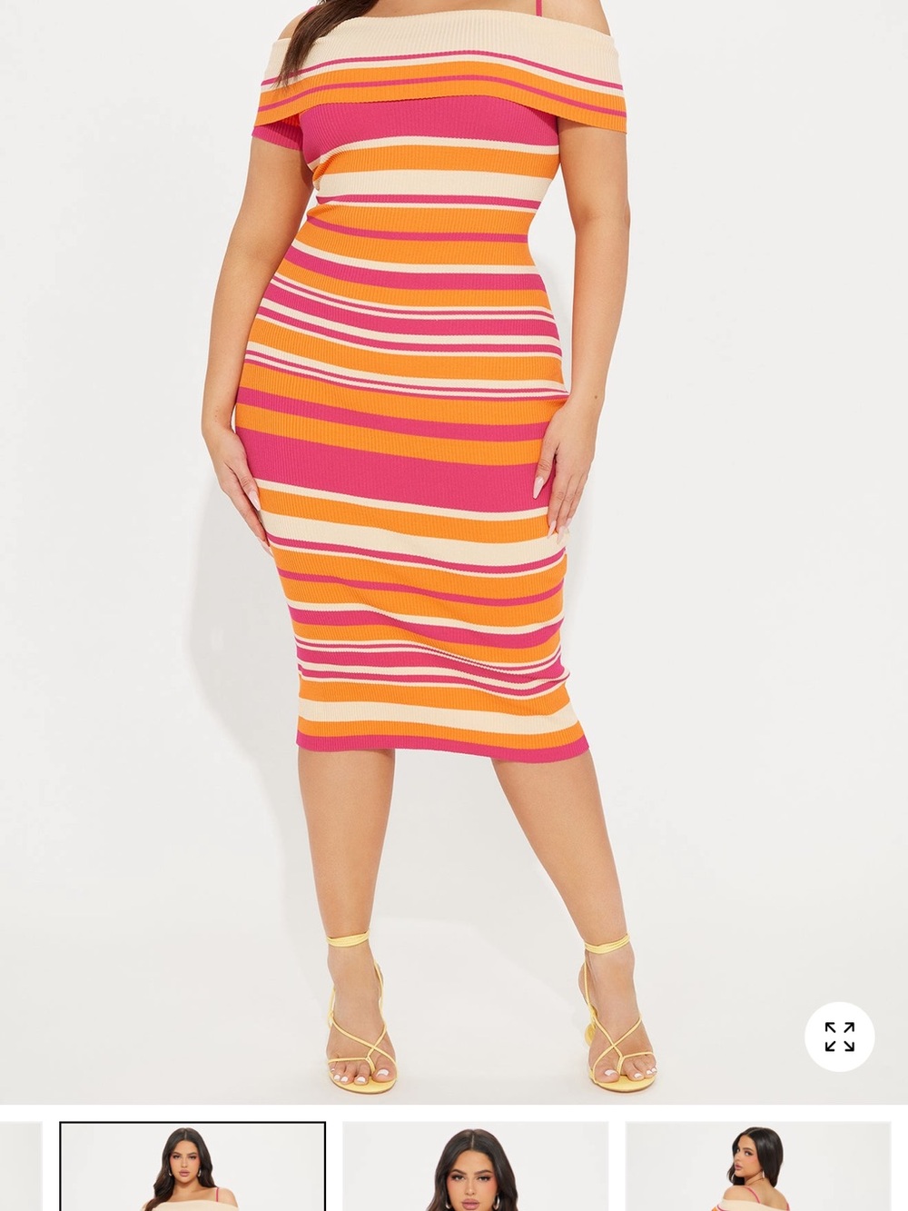 Fashion Nova Off-Shoulder Striped Midi Dress - Pink, Orange & Cream